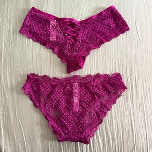 2 x Victoria's Secret Magenta Purple Lace Cheeky Floral Panties Criss Cross